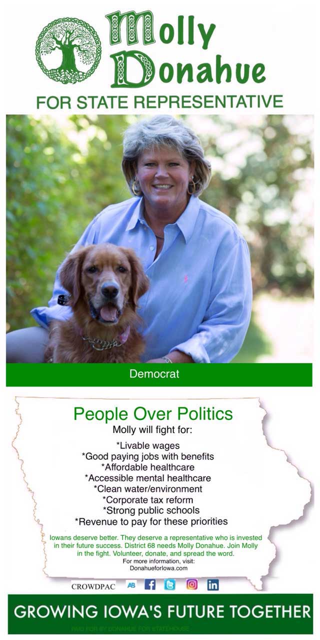 Candidate Molly Donahue running for Iowa House District 68 - Molly is fighting for your rights - People over Politics