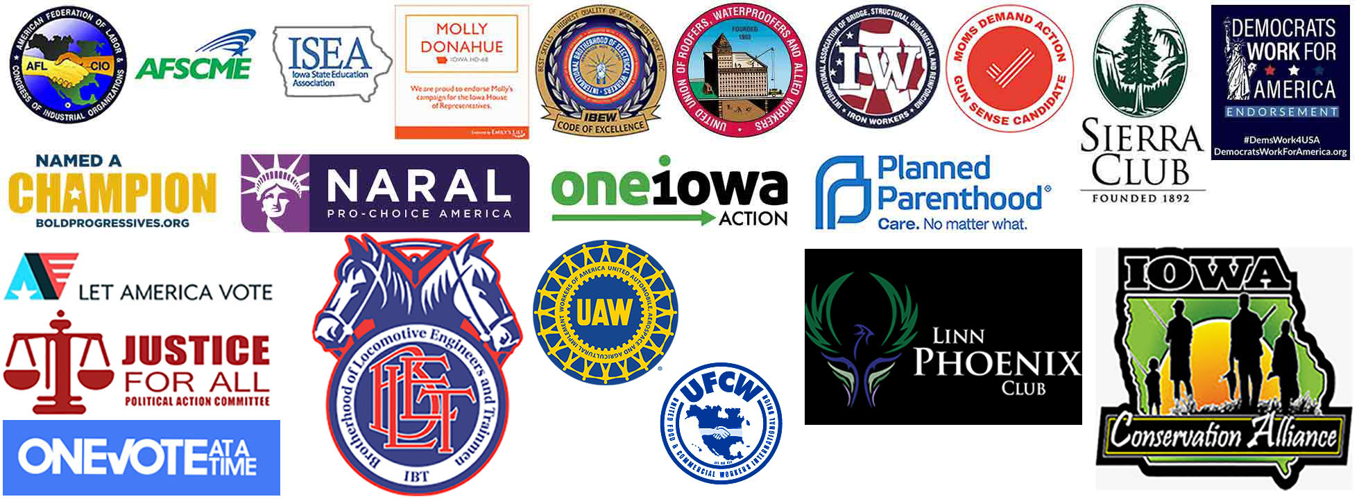 Molly Donahue is endorsed by the AFL-CIO, ASCME, Progressive Change Campaign Committee, Emily's List, Iowa State Education Association, Iron Workers Union, Planned Parenthood, Sierra Club, Mom's Demand Action, NARAL, IBEW local 1362, United Union of Roofers, Waterproofers and Allied Workers, One Iowa Action and Democrats Work for America, Let America Vote, One Vote at a Time, Brotherhood of Locomotive Engineers and Trainmen, United Food & Commercial Workers International Union, Justice for All, Linn Phoenix Club, United Automobile, Aerospace and Agricultural Implement Workers of America, Iowa Conservation Alliance